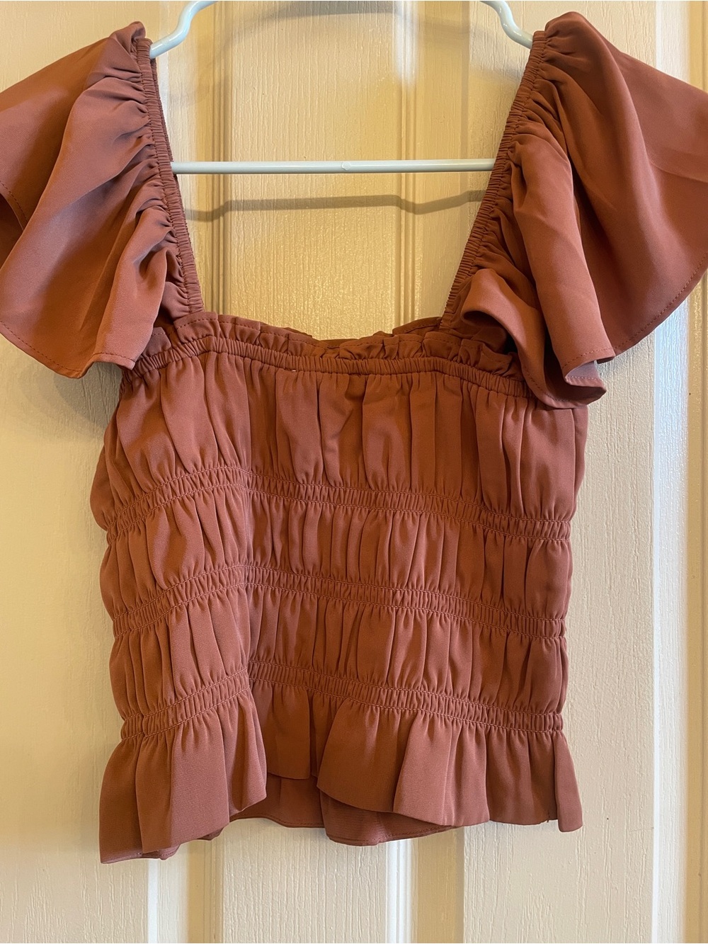 Abercrombie & Fitch Terracotta Smocked Flutter Sleeve Crop Top